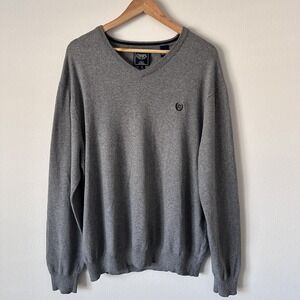 CHAPS Mens Large Cashmere Blend Sweater Gray V-Neck Academia Preppy Old Money